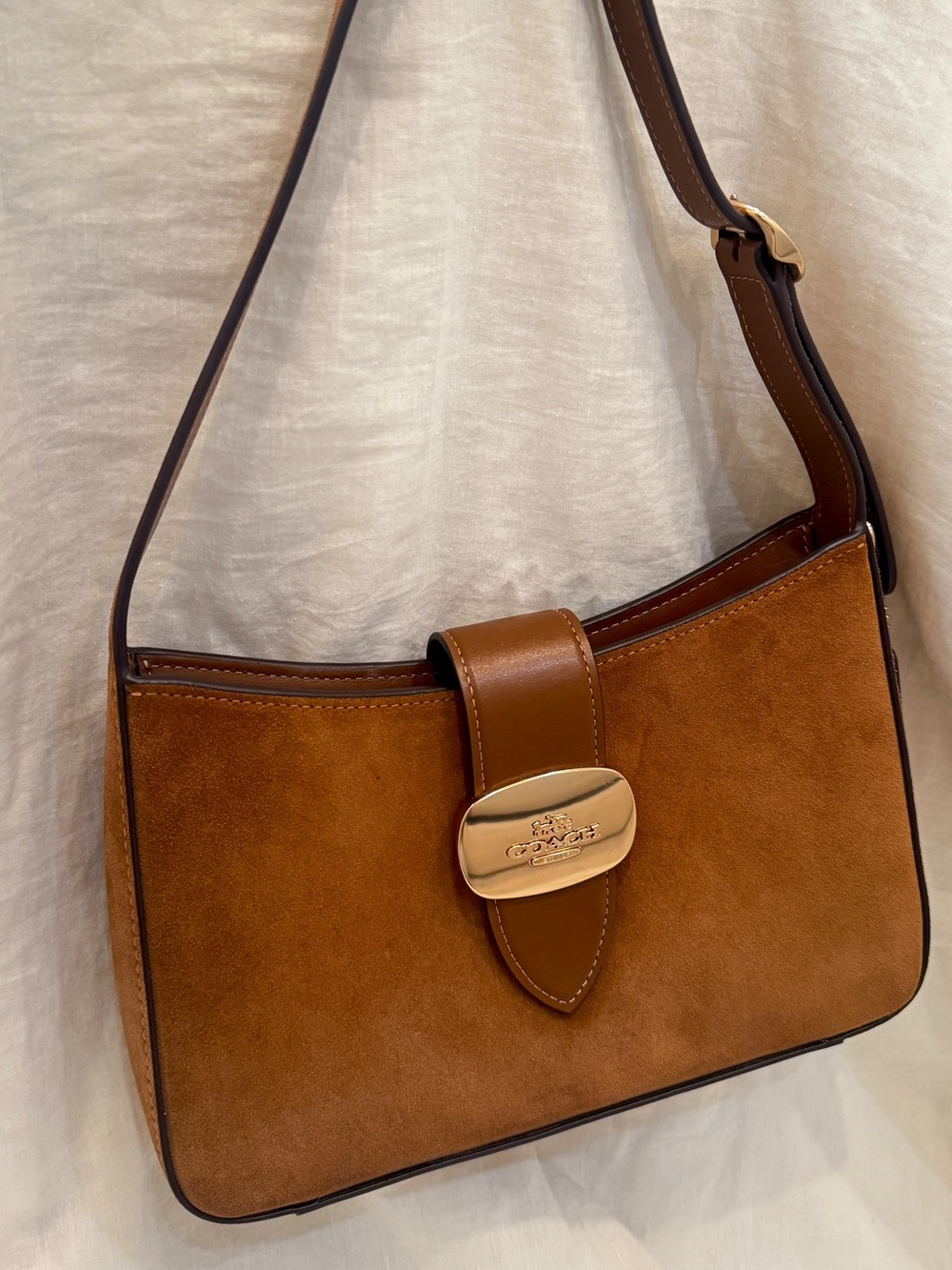 Coach Brown Suede Shoulder Bag with Gold-Tone Logo Hardware (cute for fall)